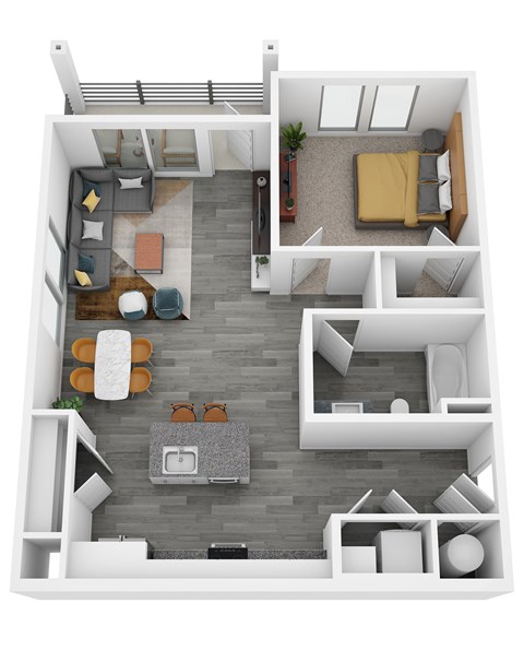 A top-down view of a small, modern apartment with a living room, kitchen, and bedroom.