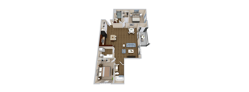 A top down view of a house with a living room, dining room, kitchen, and two bedrooms.