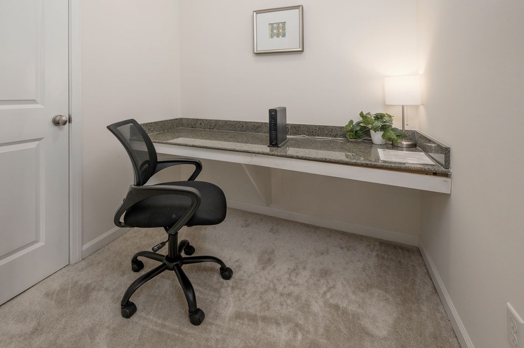 A black office chair is in front of a desk with a plant and a picture on the wall.