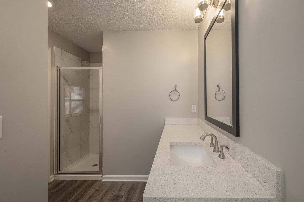 A bathroom with a sink, mirror, and shower.