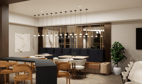 A modern dining area with wooden chairs and tables.