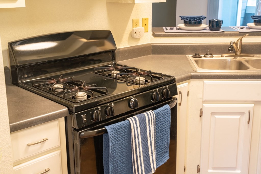 a kitchen with a stove and a sink