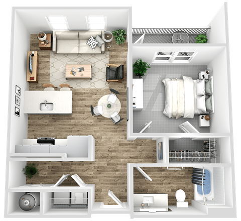 a 3d rendering of a floor plan with a bedroom and a bathroom