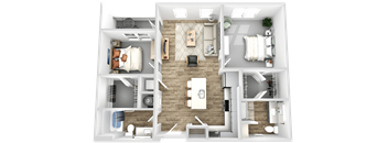 a 3d rendering of a bedroom floor plan with a bathroom and a living room
