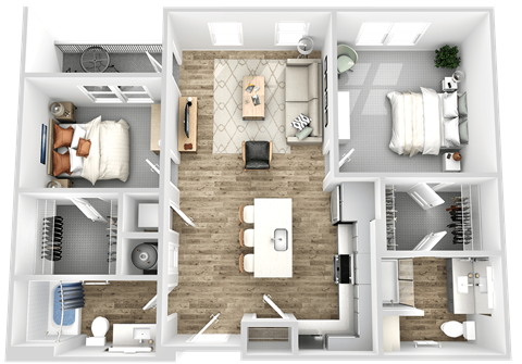a 3d rendering of a bedroom floor plan with a bathroom and a living room