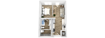 a 3d rendering of a bedroom with a bathroom and a living room