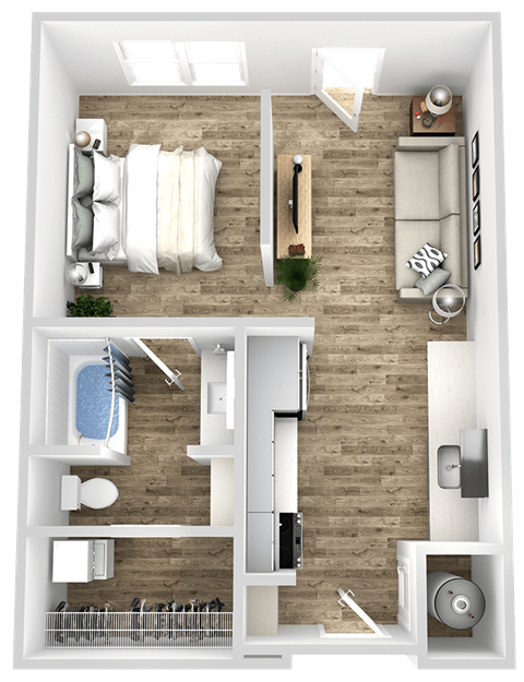 a 3d rendering of a bedroom with a bathroom and a living room