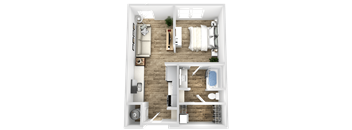 a 3d rendering of a bedroom with a wood floor