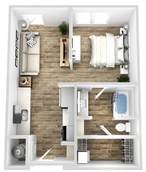 a 3d rendering of a bedroom with a wood floor