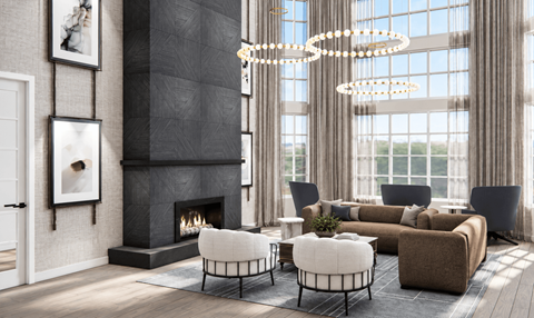 A modern living room with a fireplace and a large window.