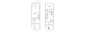 a floor plan of a two story house with a garage a kitchen and a living room