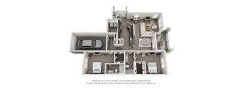 A 3D floor plan of a house with a kitchen, living room, and bedrooms.