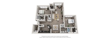 A 3D floor plan of a house with multiple rooms and furniture.