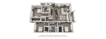 A 3D floor plan of a house with multiple rooms and furniture.