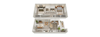 A top-down view of a two-story house interior with a living room, kitchen, and bedrooms.