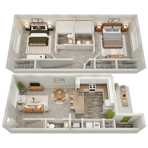 A top-down view of a two-story house interior with a living room, kitchen, and bedrooms.