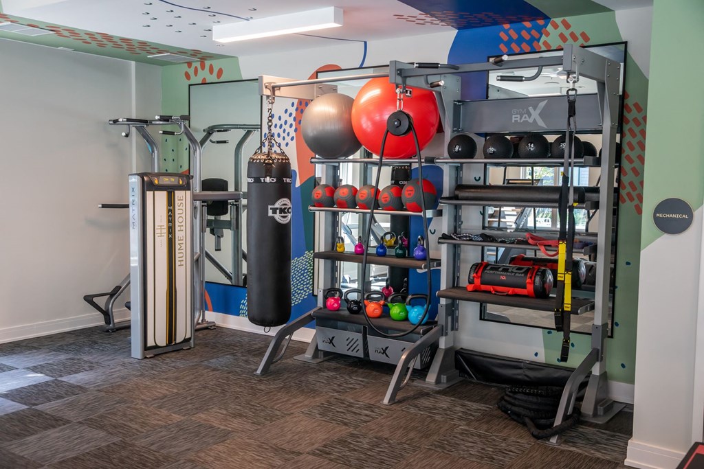 A gym with a punching bag, weights, and exercise equipment.