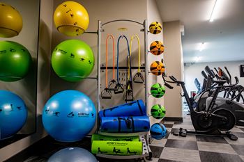 A gym with exercise equipment and balls.