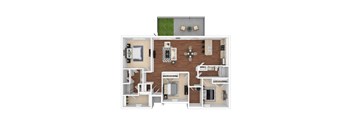 a 3d rendering of our 1 bedroom floor plan with wood flooring and a