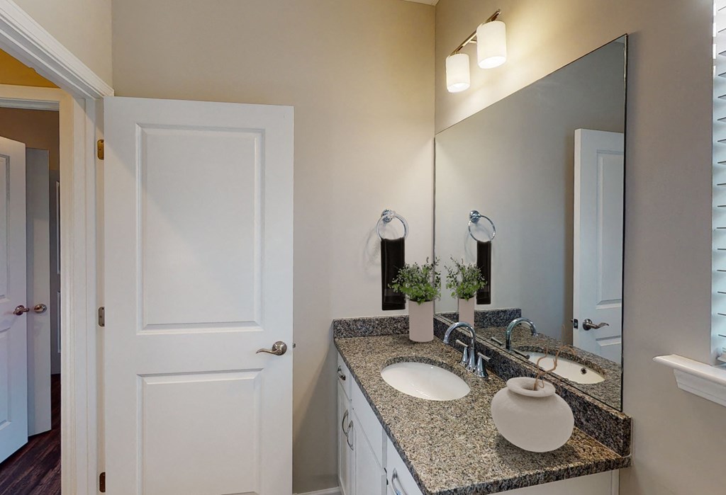 a bathroom with a sink and a mirror and a door