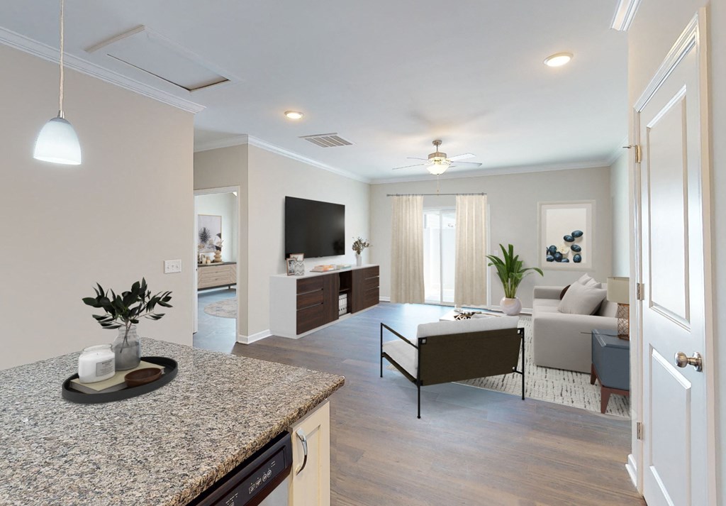 a kitchen and living room in a new home