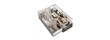A 3D floor plan of a house with a kitchen, living room, and bathroom.