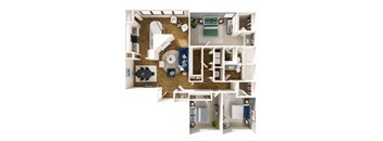 A top-down view of a small apartment layout with a kitchen, living room, and bedroom.