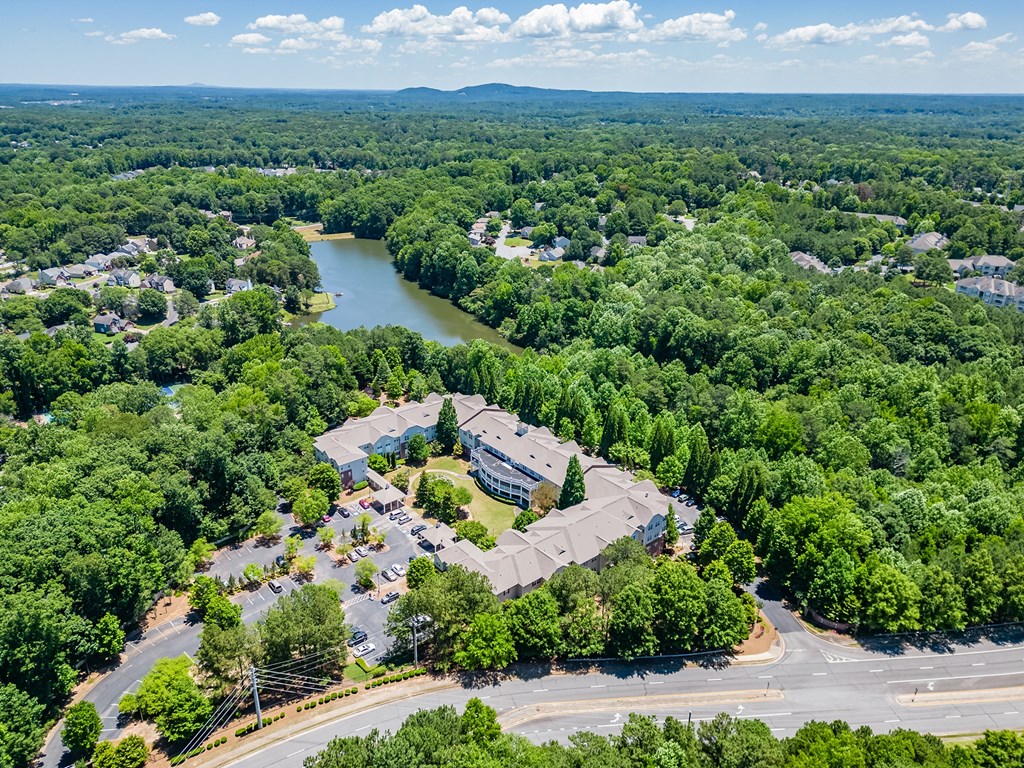an aerial view of a city with trees and a river