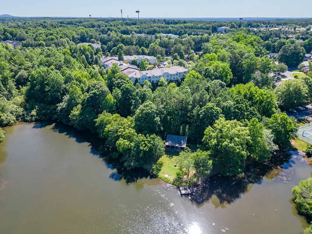 an aerial view of a body of water surrounded by trees