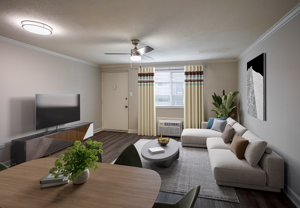 A modern living room with a flat screen TV, a sofa, a coffee table, and a potted plant.