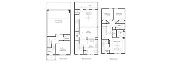 A set of three floor plans for a house with a garage, a deck, and a primary suite.