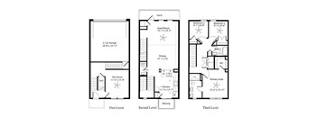 A diagram shows the layout of a house with three levels, including a first level with a 2-car garage, a second level with a deck and two bedrooms, and a third level with a primary suite and two bedrooms.