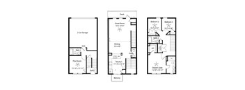 Three black and white floor plans of a house with a deck, a great room, and a balcony.