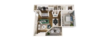 A top down view of a small apartment with a kitchen, living room, and bathroom.