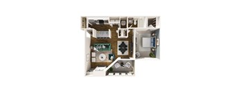 A top down view of a small apartment with a kitchen, living room, and bathroom.