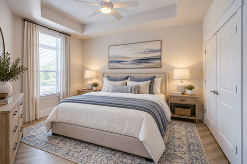 A bedroom with a large bed and a painting on the wall.