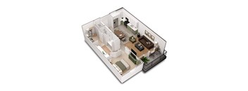 A 3D floor plan of a house with a living room, kitchen, and dining area.