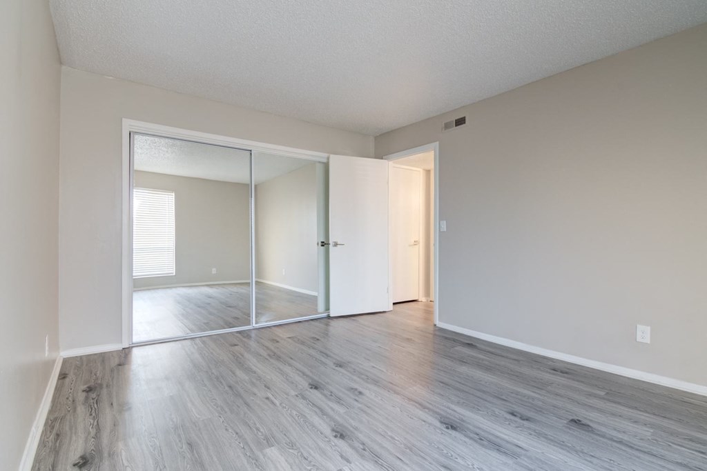 an empty living room with white walls and a mirrored closet