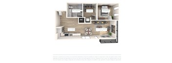 A 3D floor plan of a small apartment with a kitchen, living room, bedroom, and bathroom.
