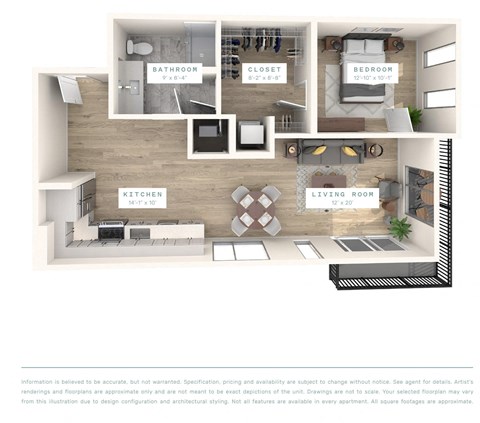 A 3D floor plan of a small apartment with a kitchen, living room, bedroom, and bathroom.