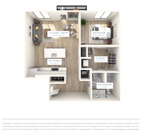 A diagram shows a floor plan of a one bedroom apartment.