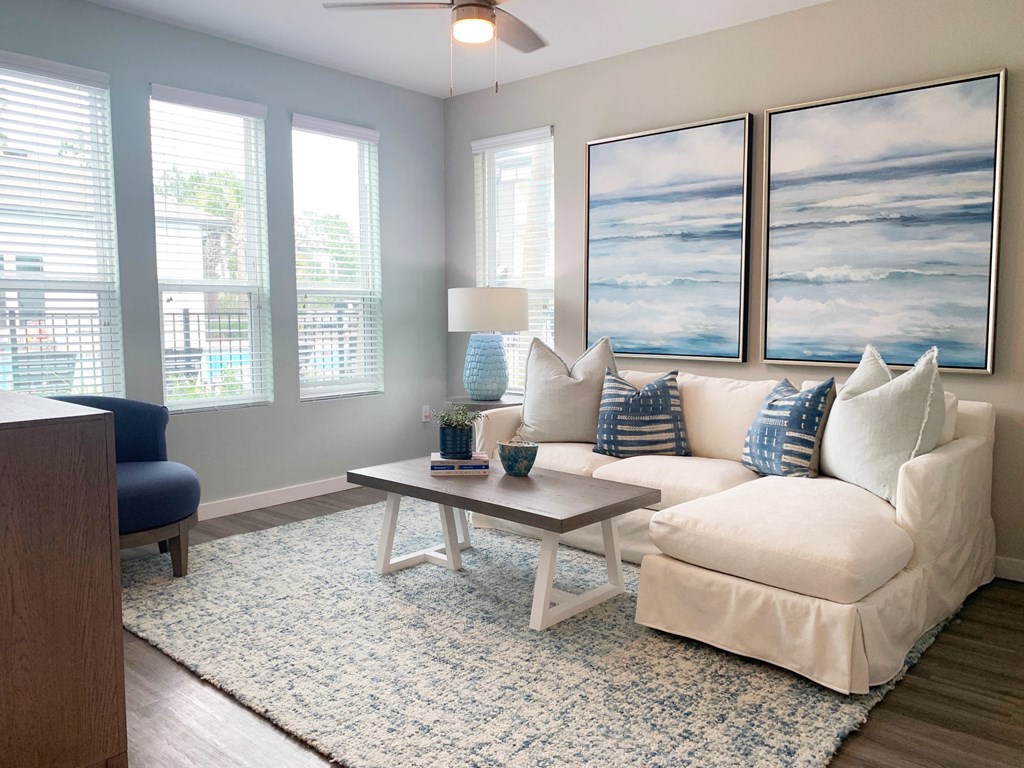 a living room with a couch and a coffee table