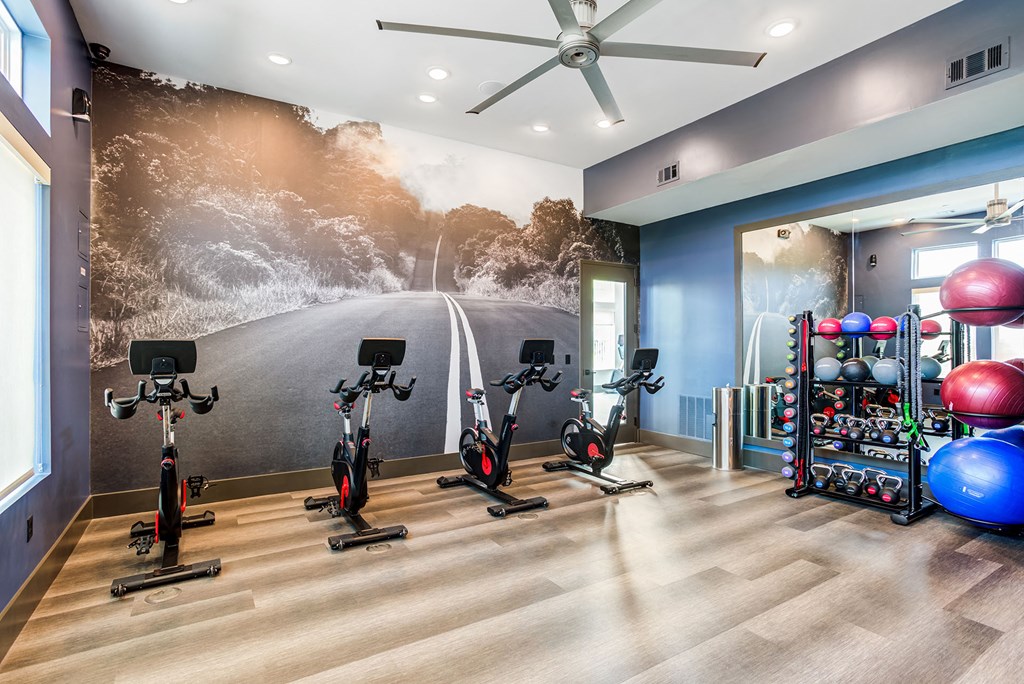 a gym with exercise equipment and a mural of a road