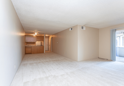 A spacious room with a carpeted floor and a window on the right side.