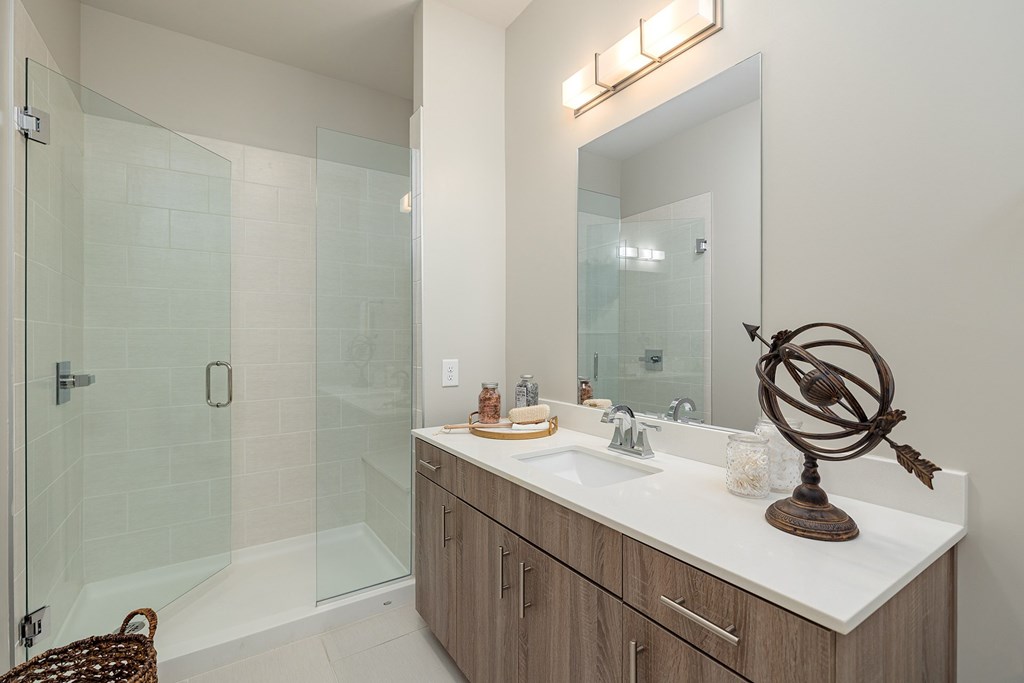 A bathroom with a white counter top and a globe on it.