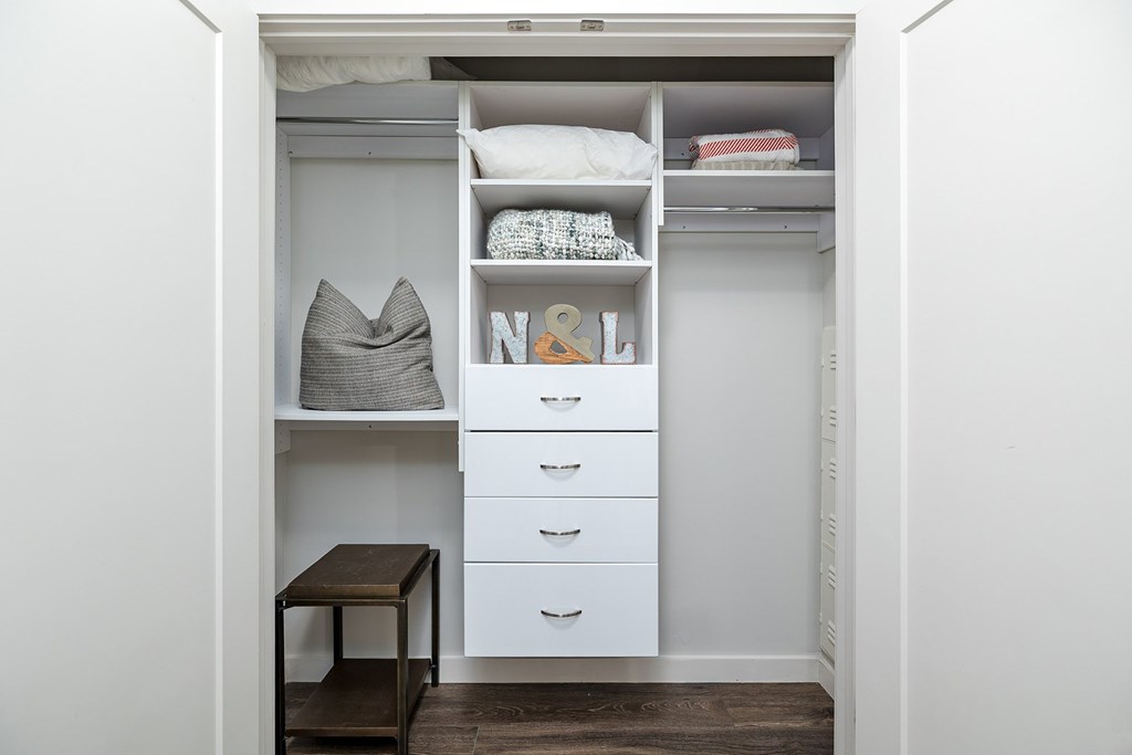 A white closet with drawers and shelves.
