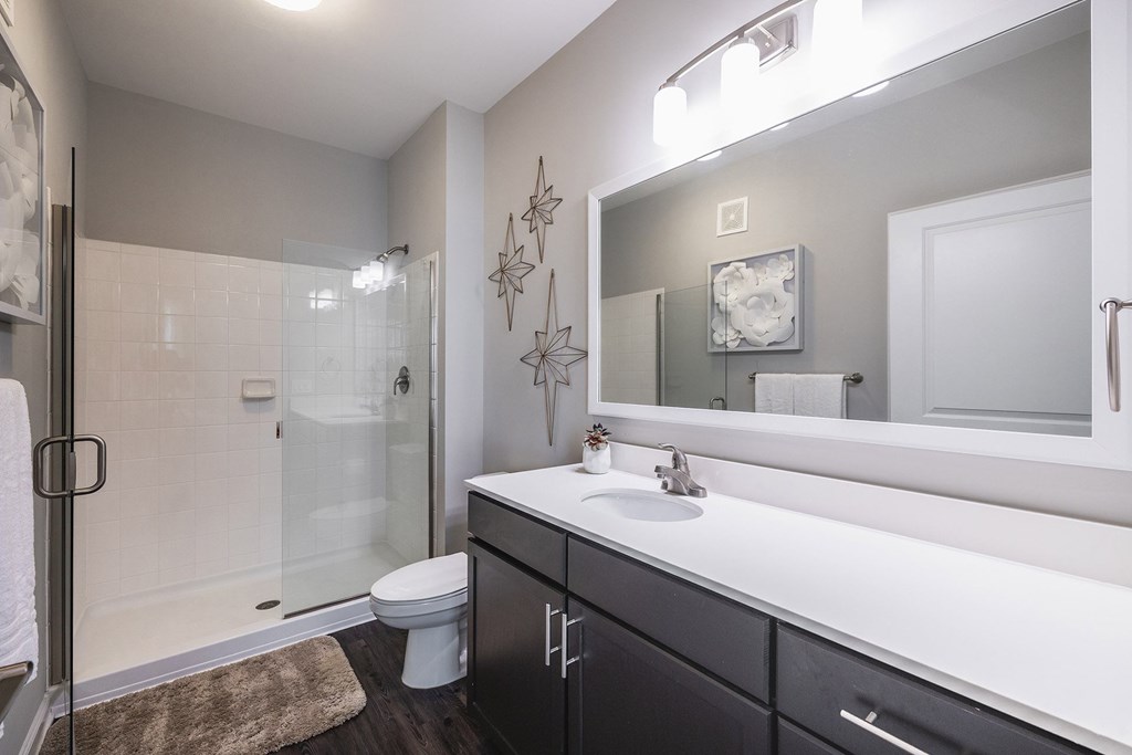 A bathroom with a toilet, sink, and mirror.