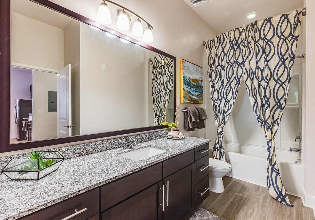 a bathroom with a large mirror and a sink and a toilet