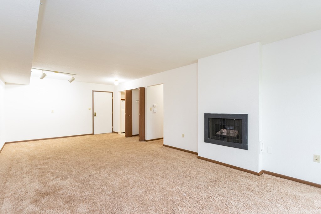 a living room with a fireplace and white walls at Winchell Way Apartment , Kalamazoo