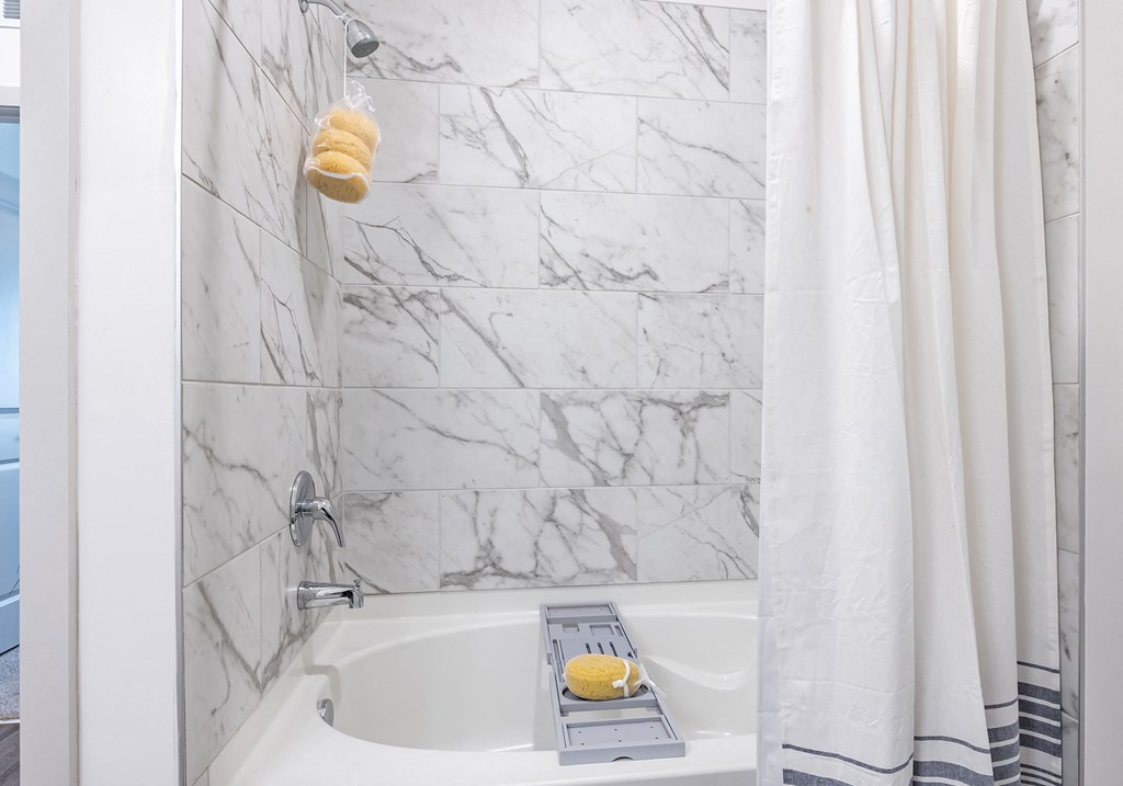 a bathroom with a bath tub and a shower curtain